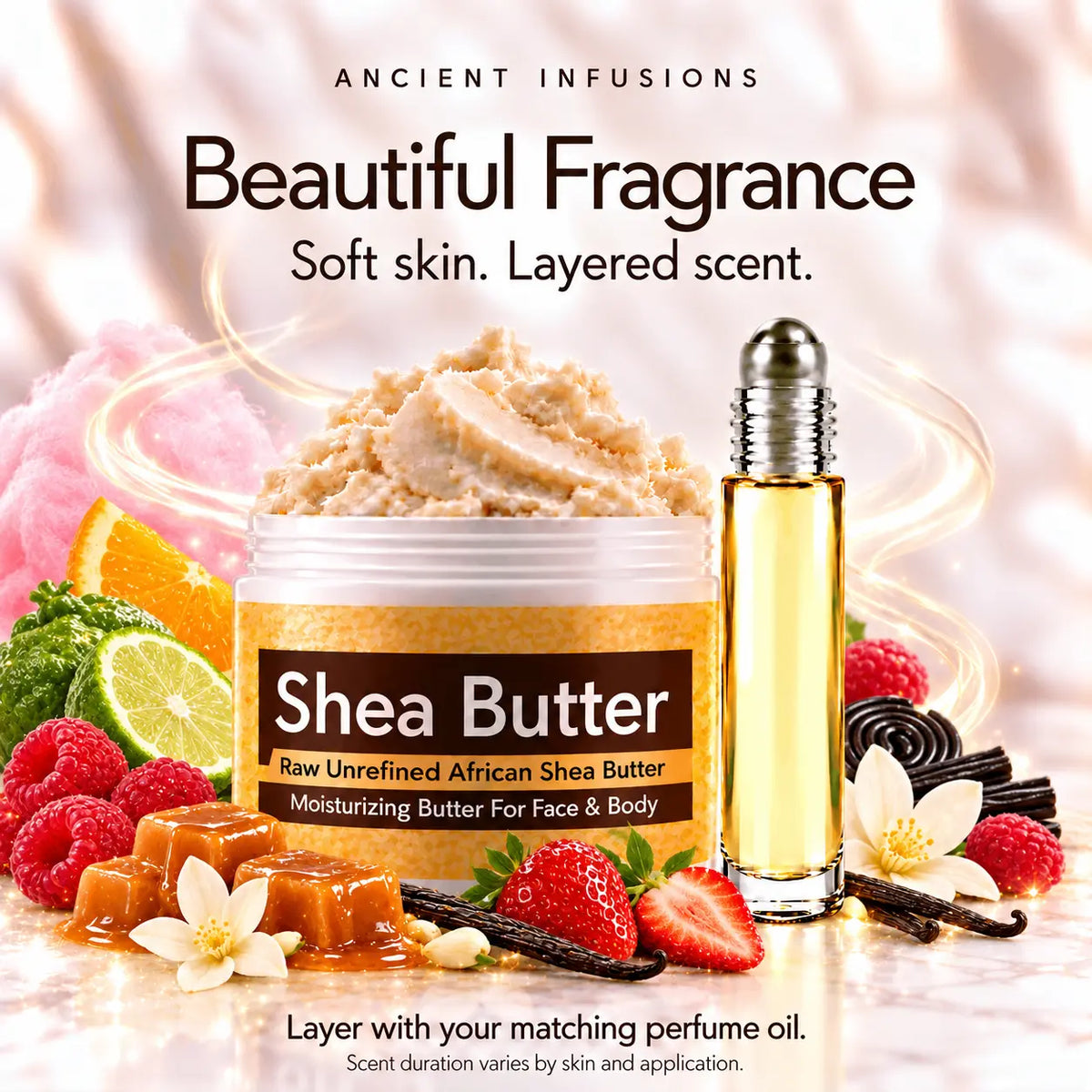 Pink Sugar-inspired shea butter and matching perfume oil for fragrance layering; scent duration varies by skin and application.