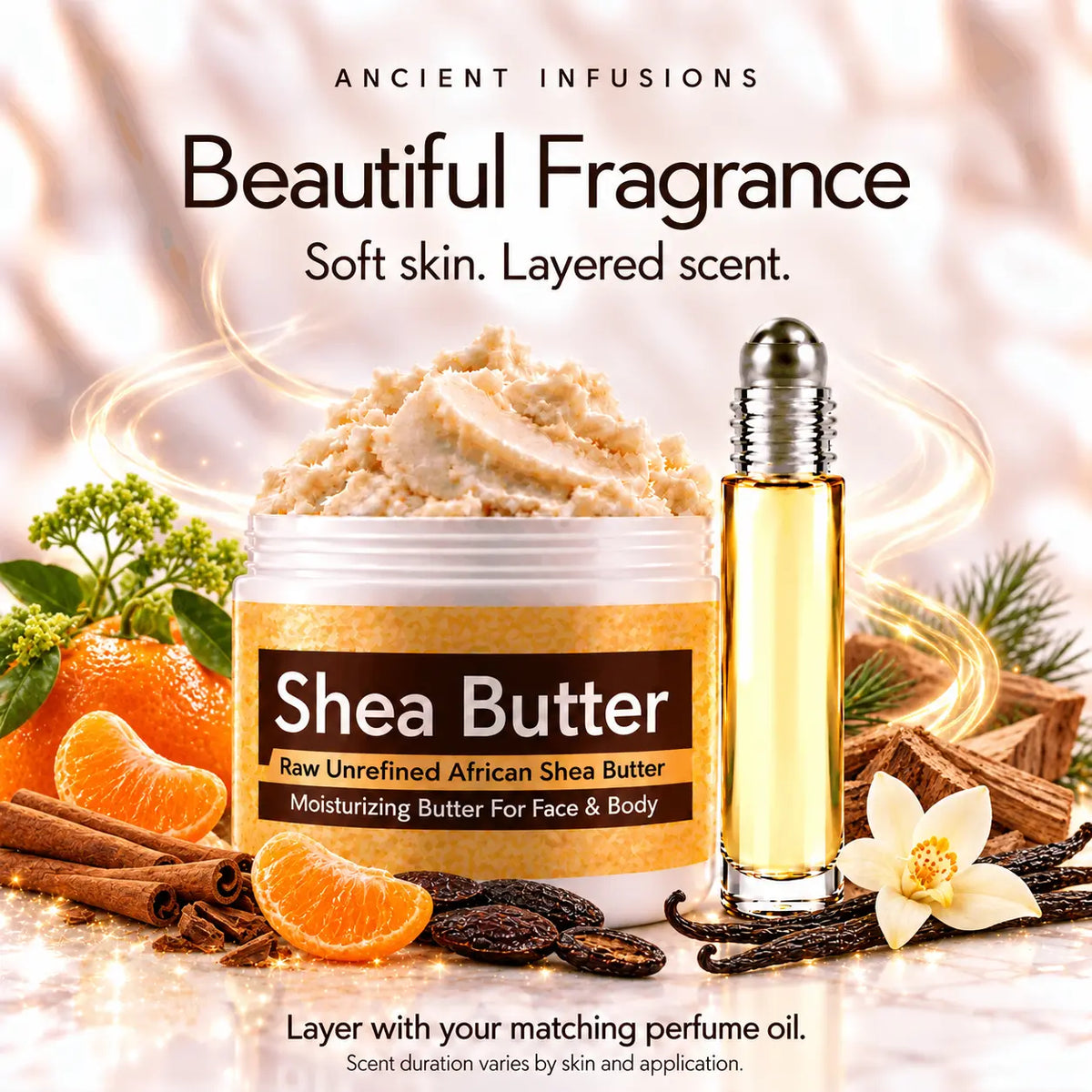 Playboy London-inspired shea butter and matching perfume oil for fragrance layering; scent duration varies by skin and application.