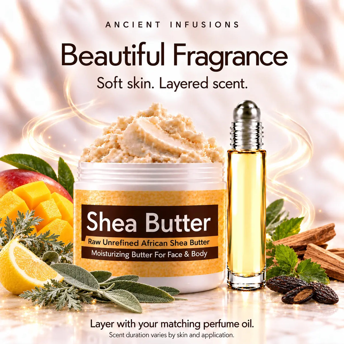 Polo Black-inspired shea butter and matching perfume oil for fragrance layering; scent duration varies by skin and application.