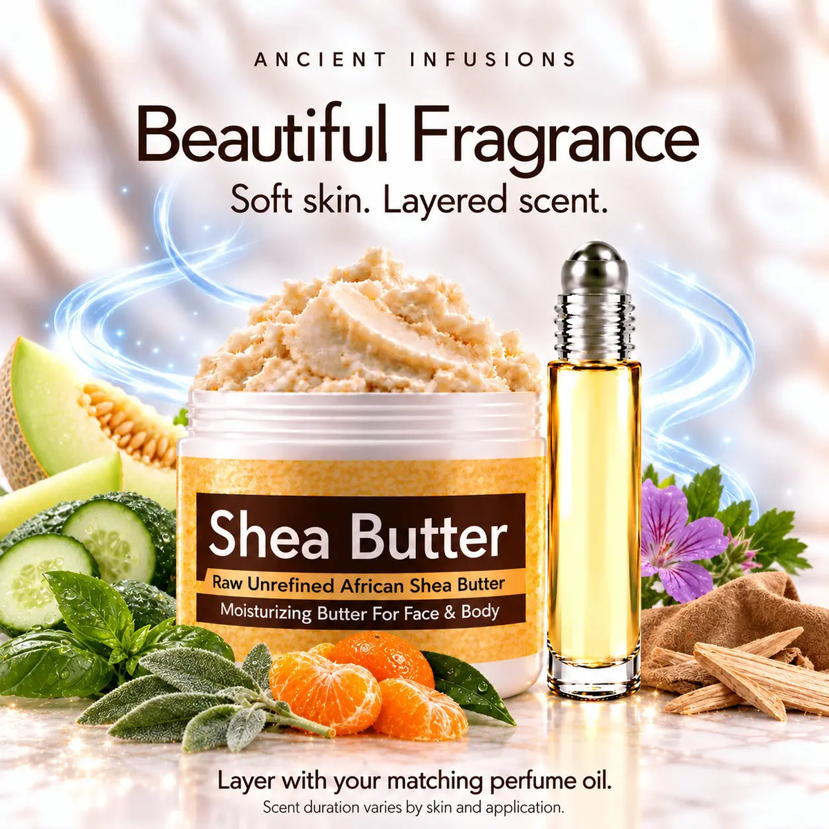 Polo Blue-inspired shea butter and matching perfume oil for fragrance layering; scent duration varies by skin and application.