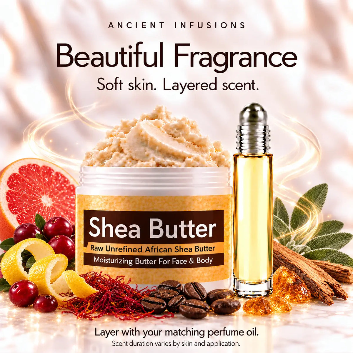 Polo Red-inspired shea butter and matching perfume oil for fragrance layering; scent duration varies by skin and application.