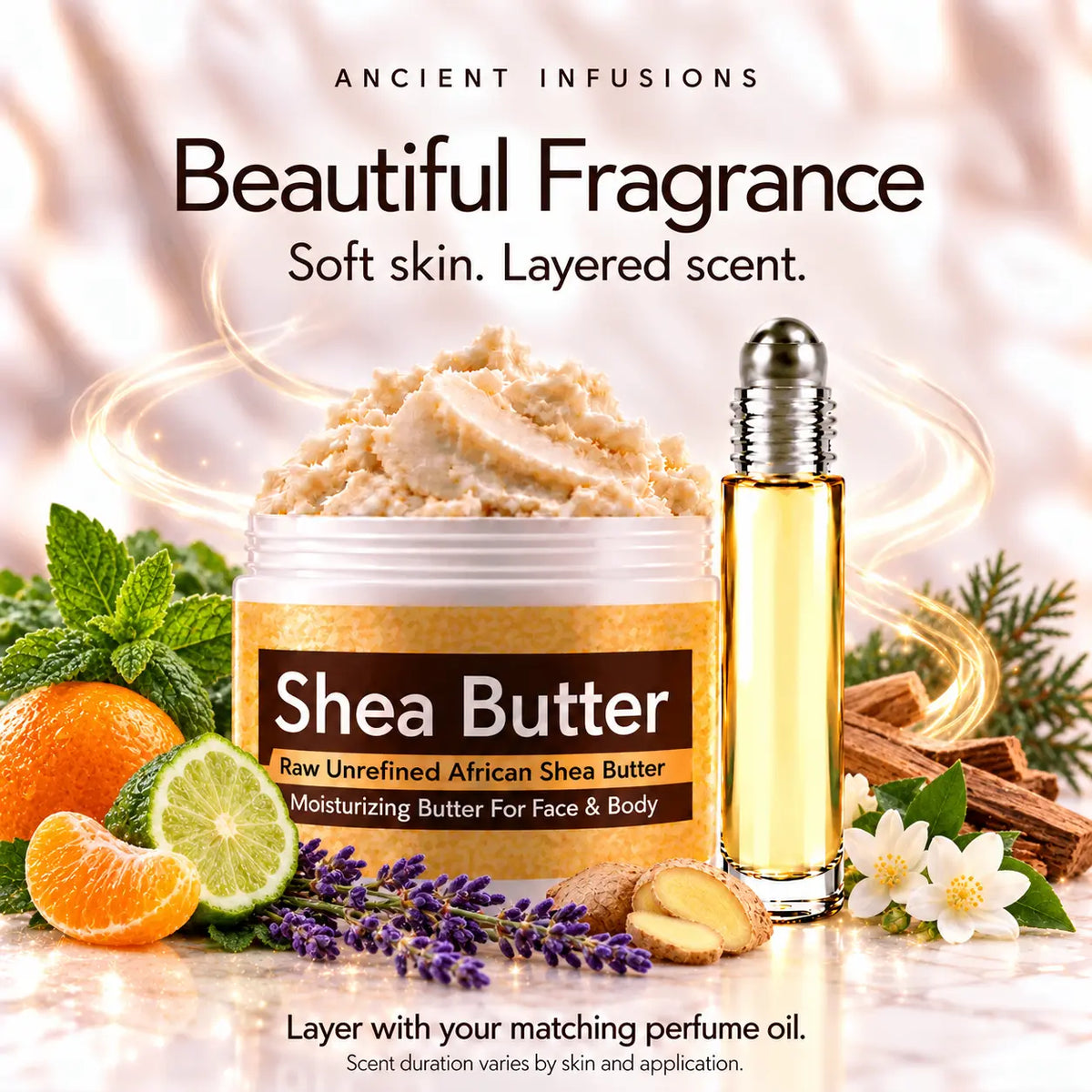 Polo Sport-inspired shea butter and matching perfume oil for fragrance layering; scent duration varies by skin and application.