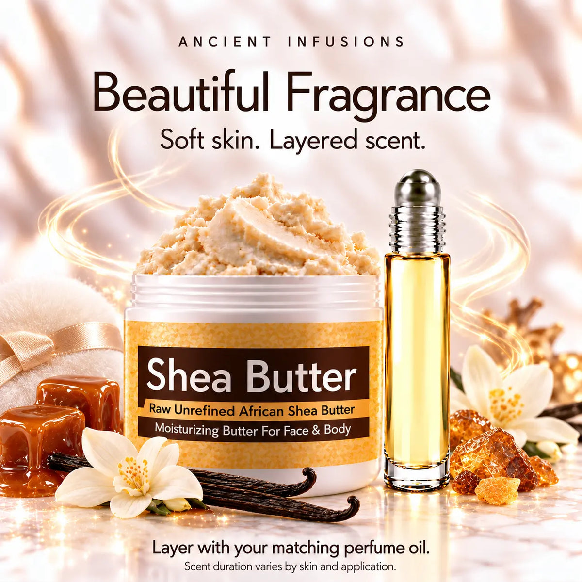 Prada Candy-inspired shea butter and matching perfume oil for fragrance layering; scent duration varies by skin and application.