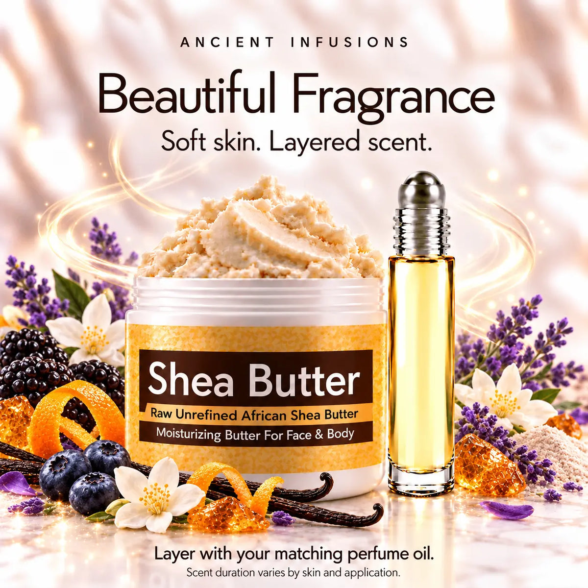 Purple Haze shea butter and matching perfume oil for fragrance layering; scent duration varies by skin and application.