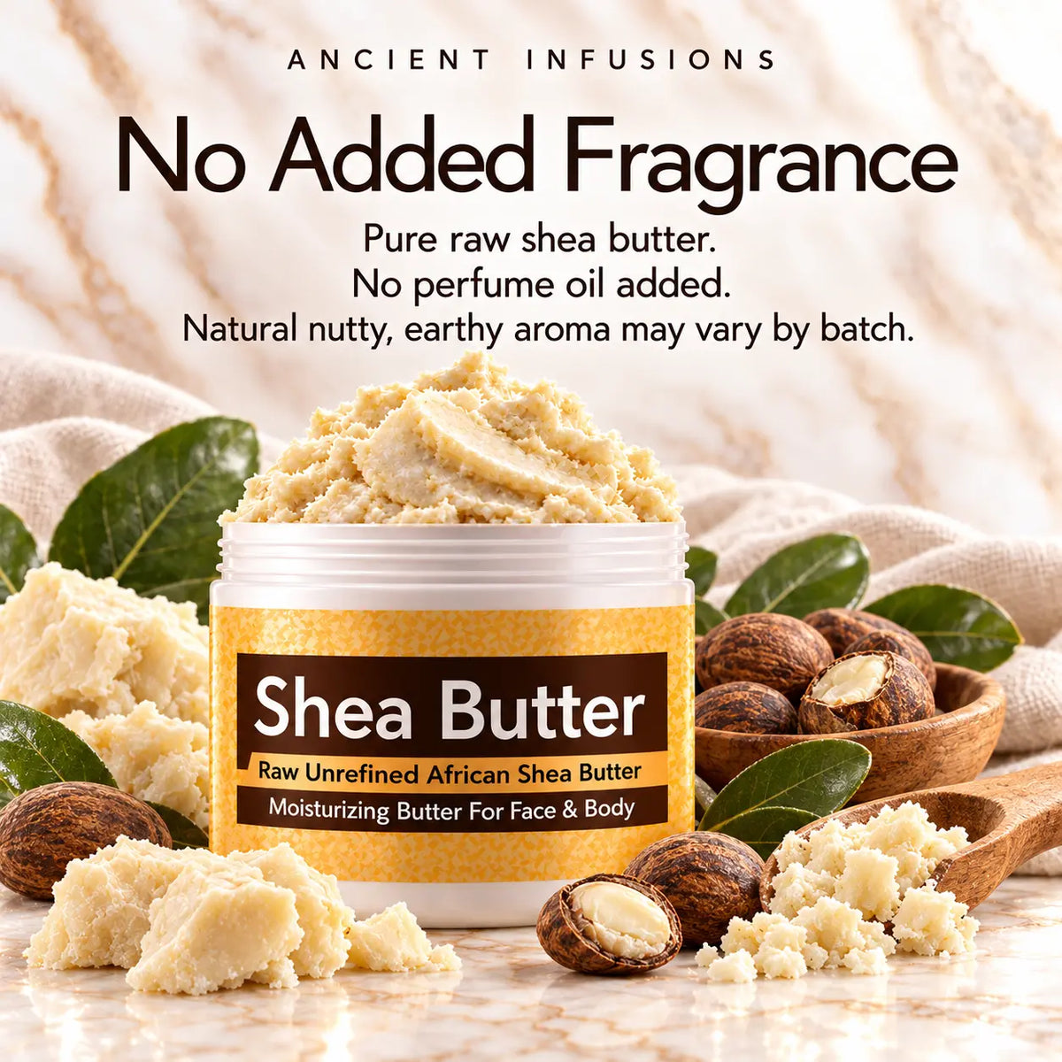 Raw African unscented shea butter with no perfume oil or added fragrance; its natural nutty, earthy aroma may vary by batch.