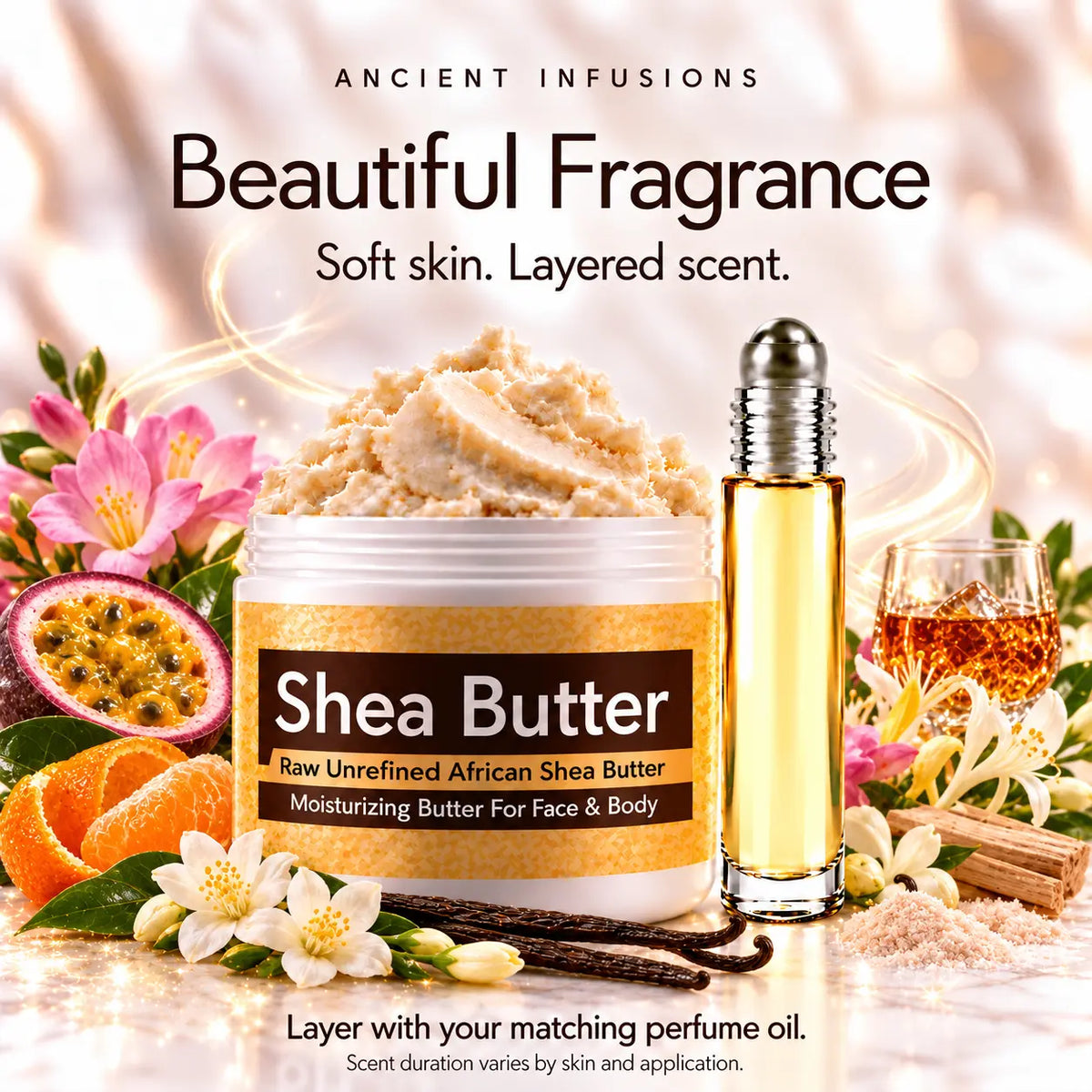 Rihanna RiRi-inspired shea butter and matching perfume oil for fragrance layering; scent duration varies by skin and application.
