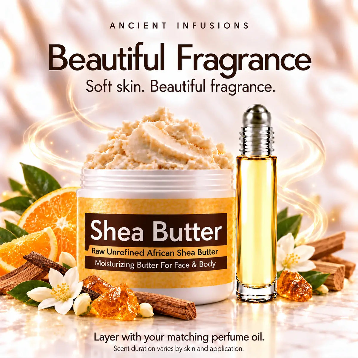 Sabatt shea butter and matching perfume oil for fragrance layering with the approved generic Shea Butter jar label; scent duration varies by skin and application.