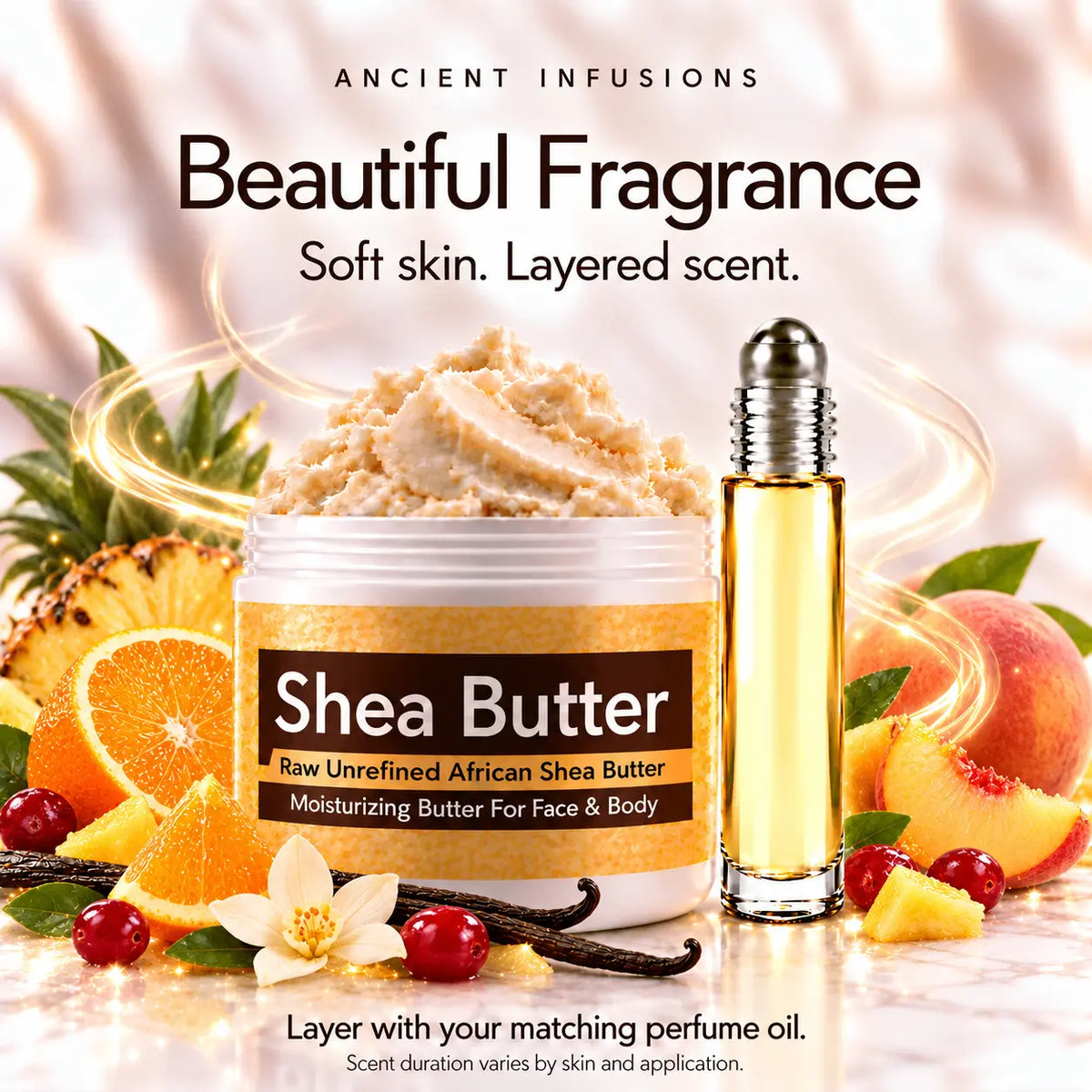 Sex on the Beach shea butter and matching perfume oil for fragrance layering; scent duration varies by skin and application.