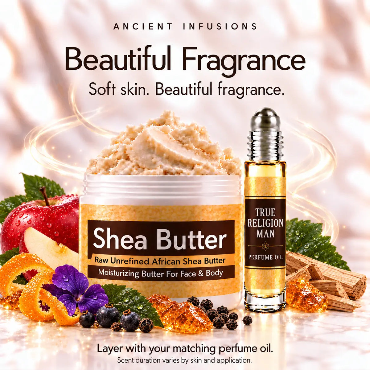 True Religion Man shea butter and matching perfume oil for fragrance layering; scent duration varies by skin and application.