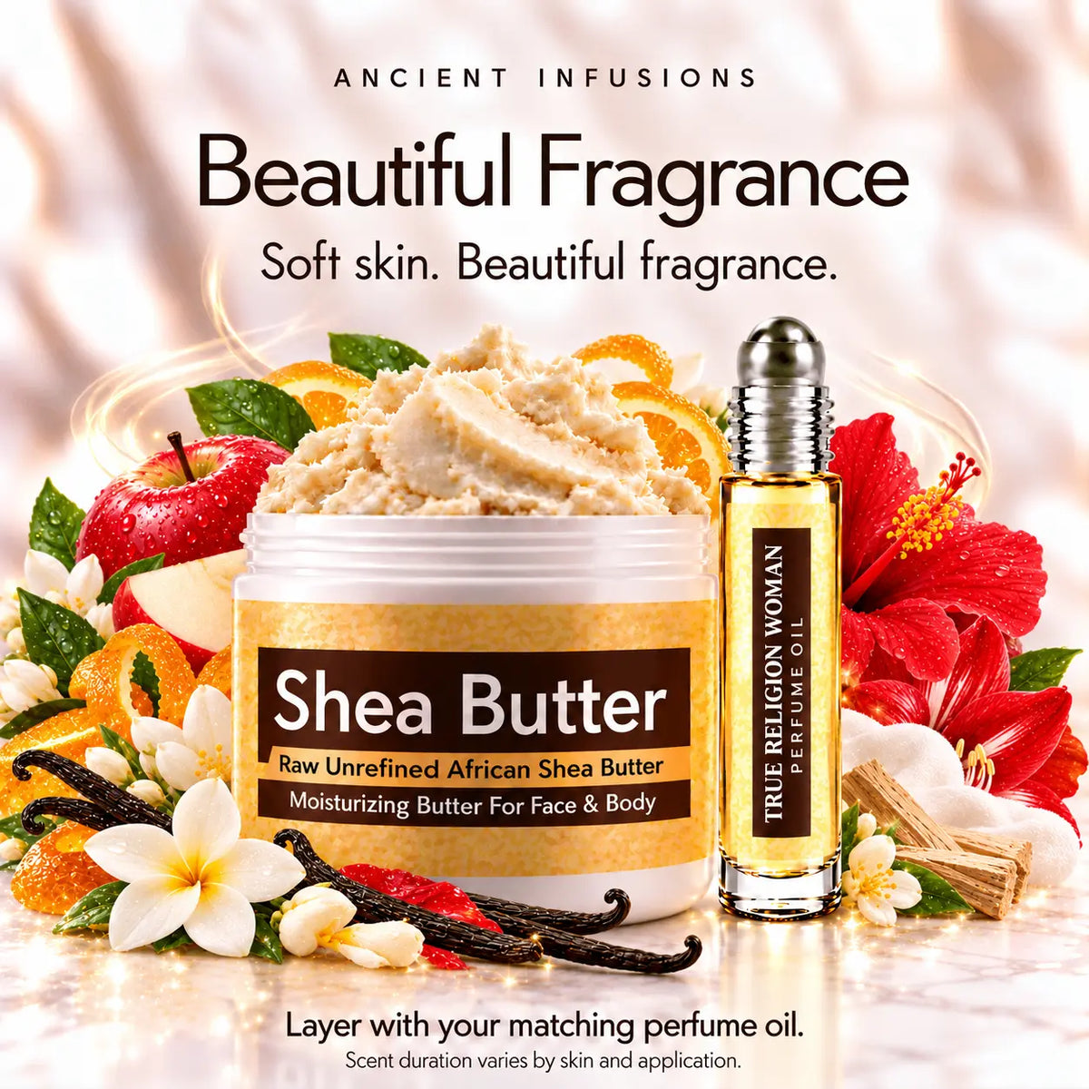 True Religion Woman shea butter and matching perfume oil for fragrance layering; scent duration varies by skin and application.