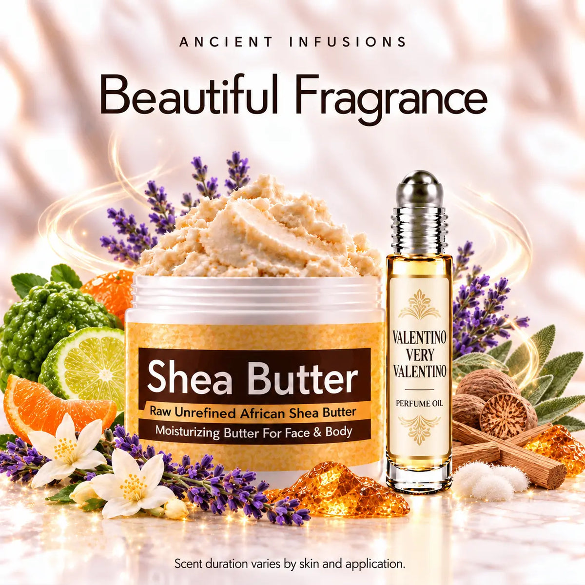 Valentino Very Valentino-inspired shea butter and matching perfume oil for fragrance layering; scent duration varies by skin and application.