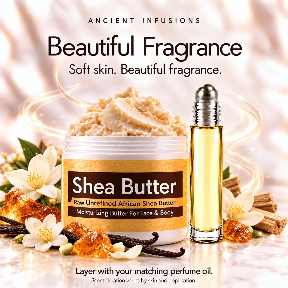 Vanilla Woods shea butter and matching perfume oil for fragrance layering; scent duration varies by skin and application.