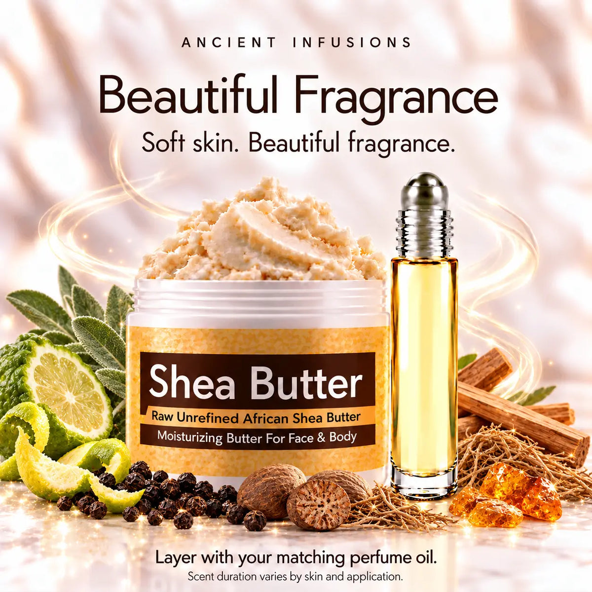 Very Sexy for Men shea butter and matching perfume oil for fragrance layering; scent duration varies by skin and application.