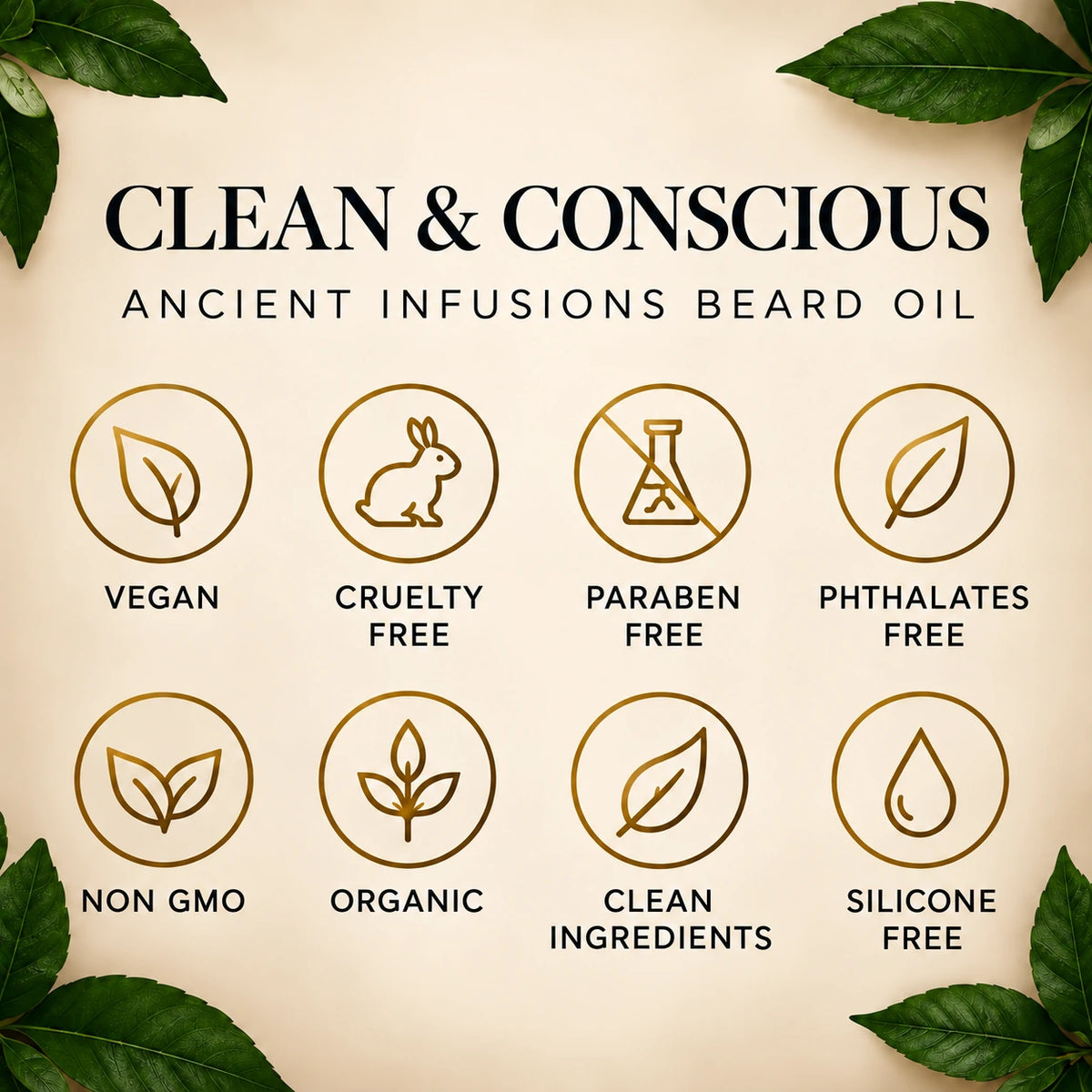 Ancient Infusions clean beard oil attributes for Creed Himalaya: vegan, cruelty free, paraben free, phthalates free, non GMO, organic, and silicone free