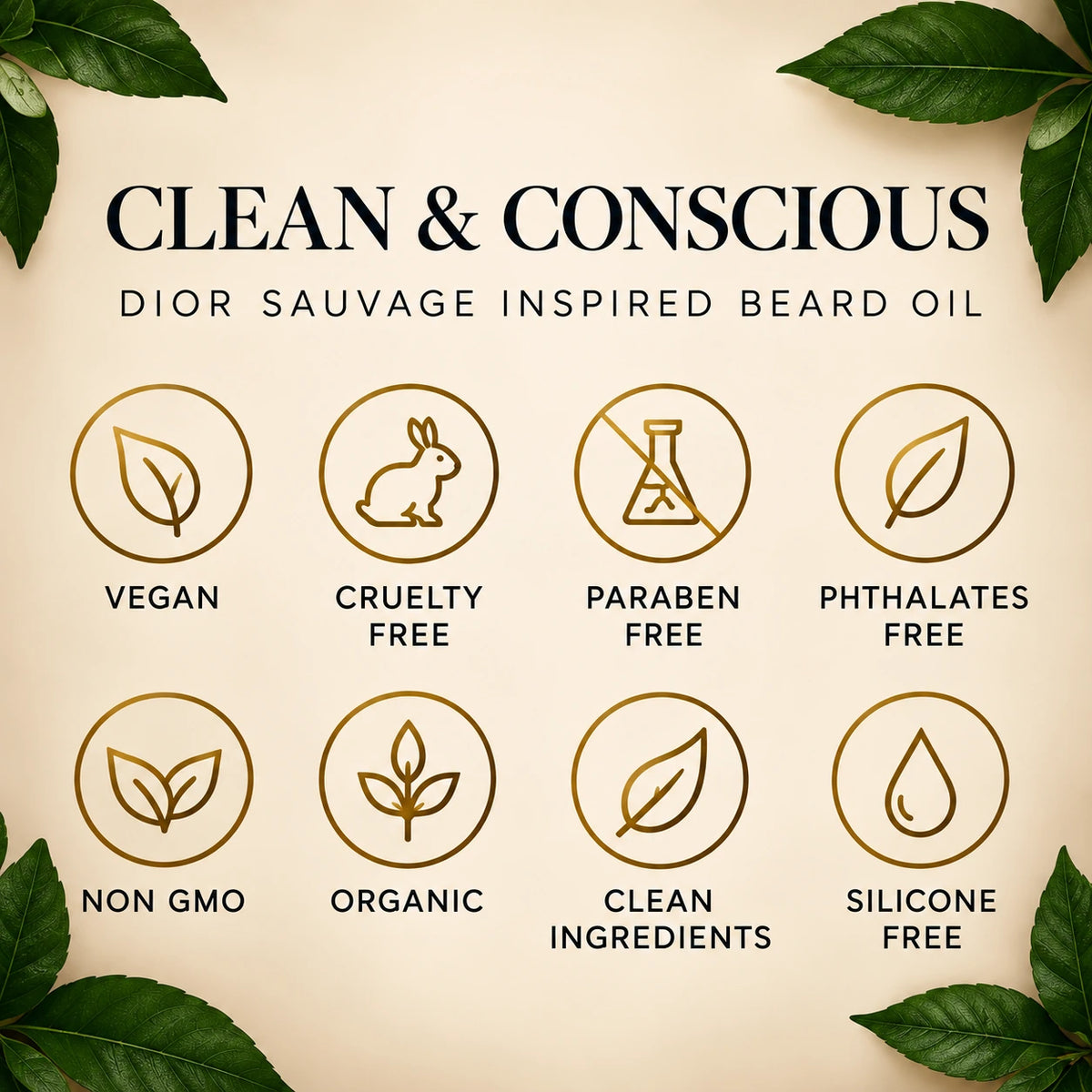 Clean and Conscious Dior Sauvage inspired beard oil graphic with vegan, cruelty free, paraben free, phthalates free, non GMO, organic, and silicone free icons