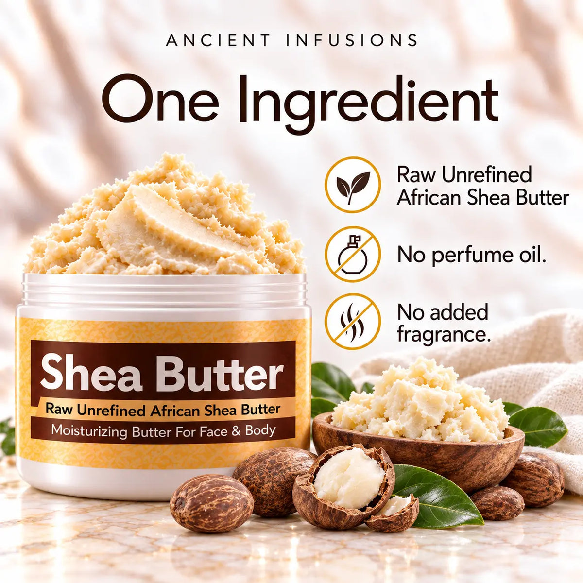 One ingredient: raw unrefined African shea butter with no perfume oil and no added fragrance.