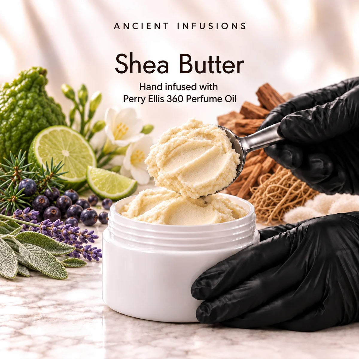 Black vinyl-gloved hands scoop raw shea butter hand infused with Perry Ellis 360 perfume oil.