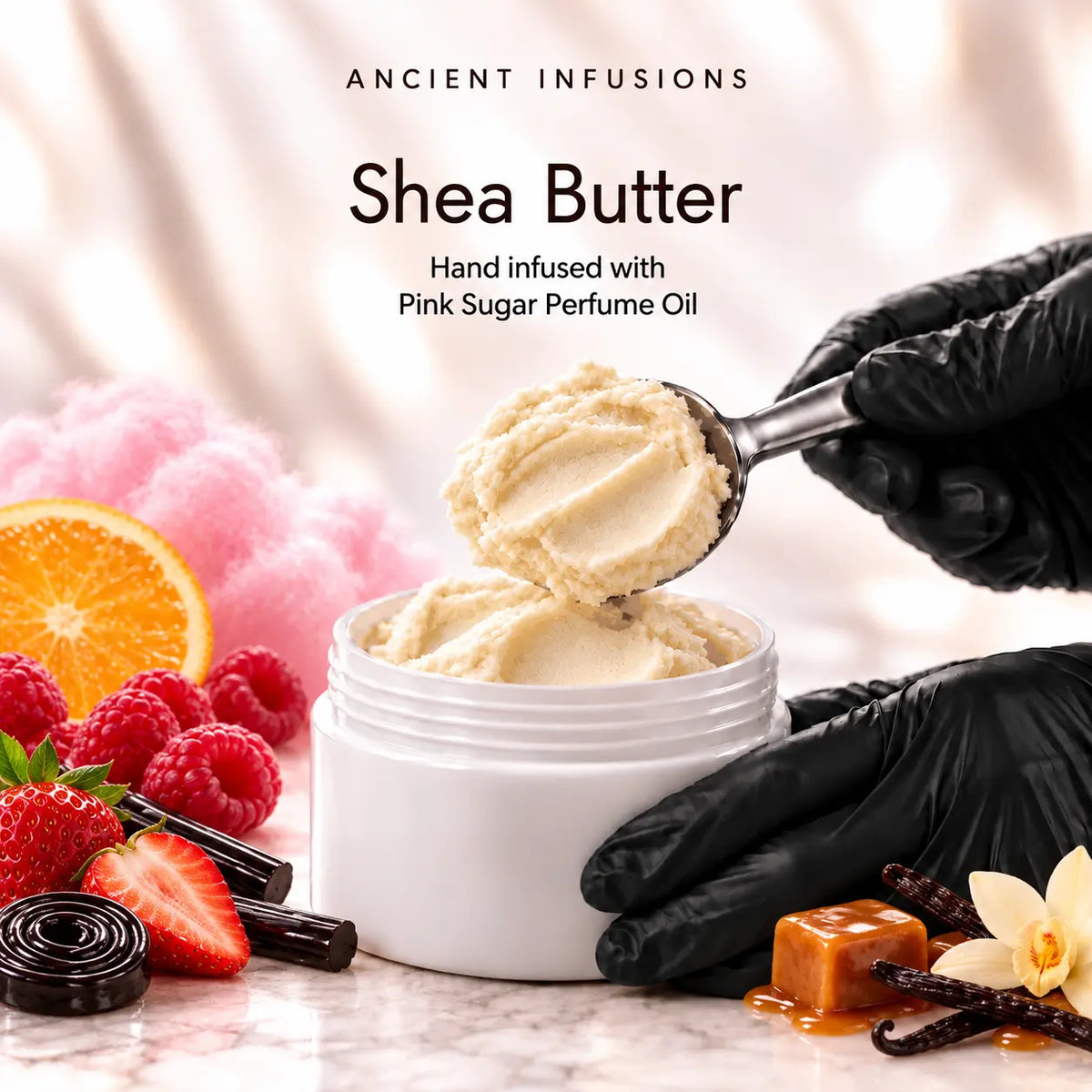 Black vinyl-gloved hands scoop raw shea butter hand infused with Pink Sugar perfume oil.