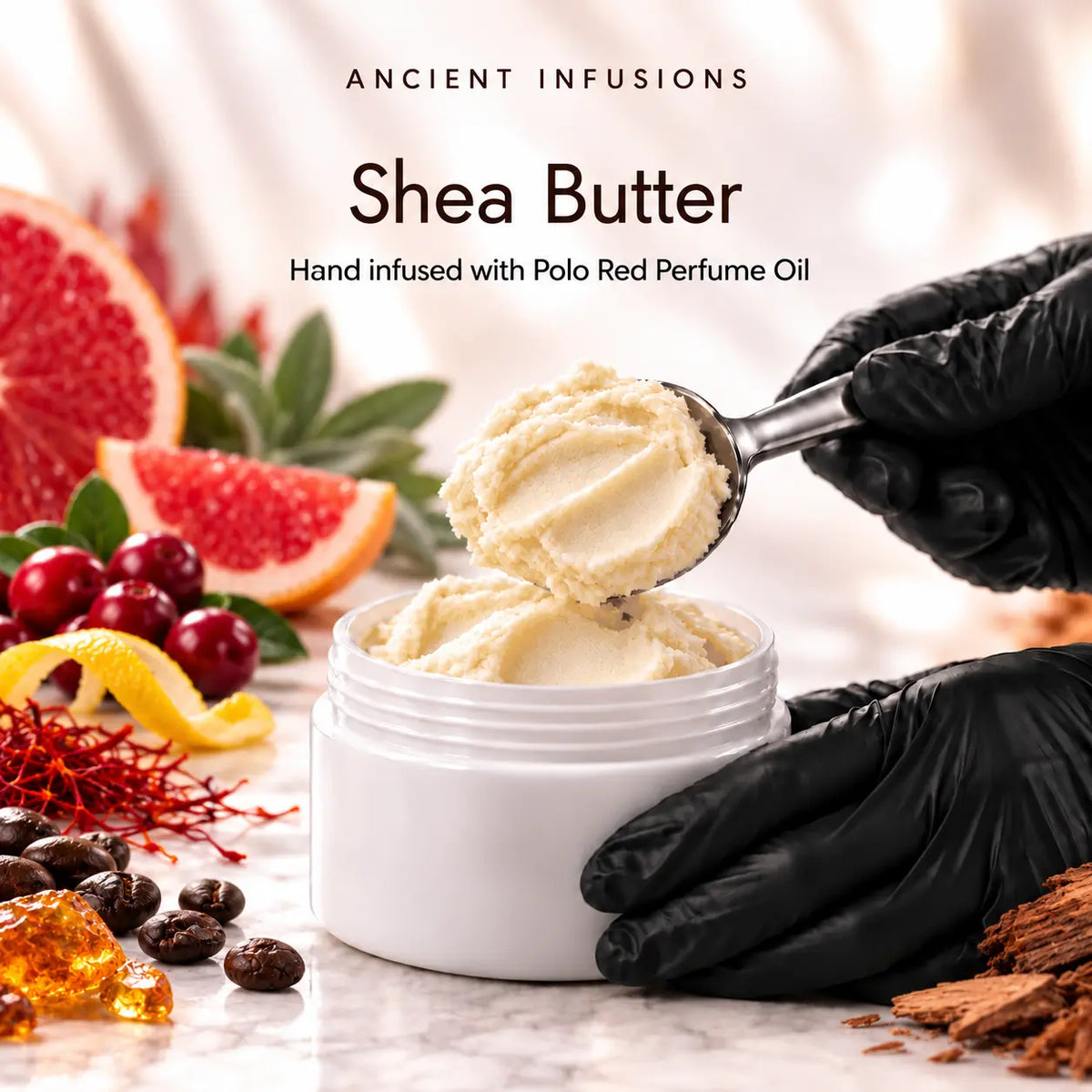 Black vinyl-gloved hands scoop raw shea butter hand infused with Polo Red perfume oil.
