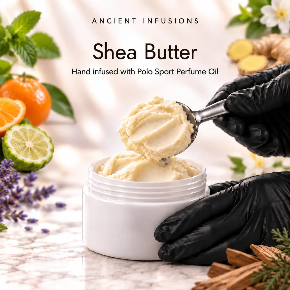Black vinyl-gloved hands scoop raw shea butter hand infused with Polo Sport perfume oil.