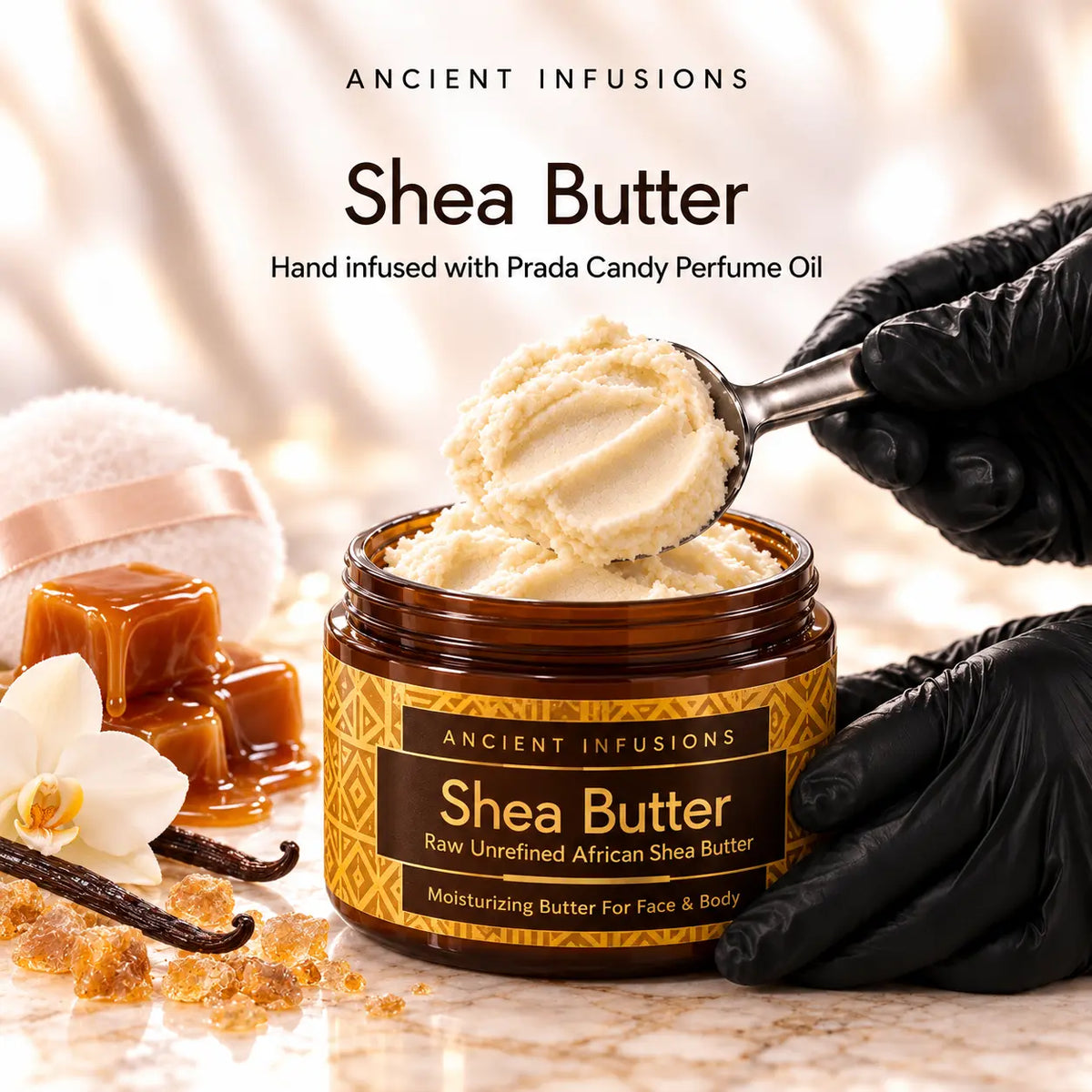Black vinyl-gloved hands scoop raw shea butter hand infused with Prada Candy perfume oil.