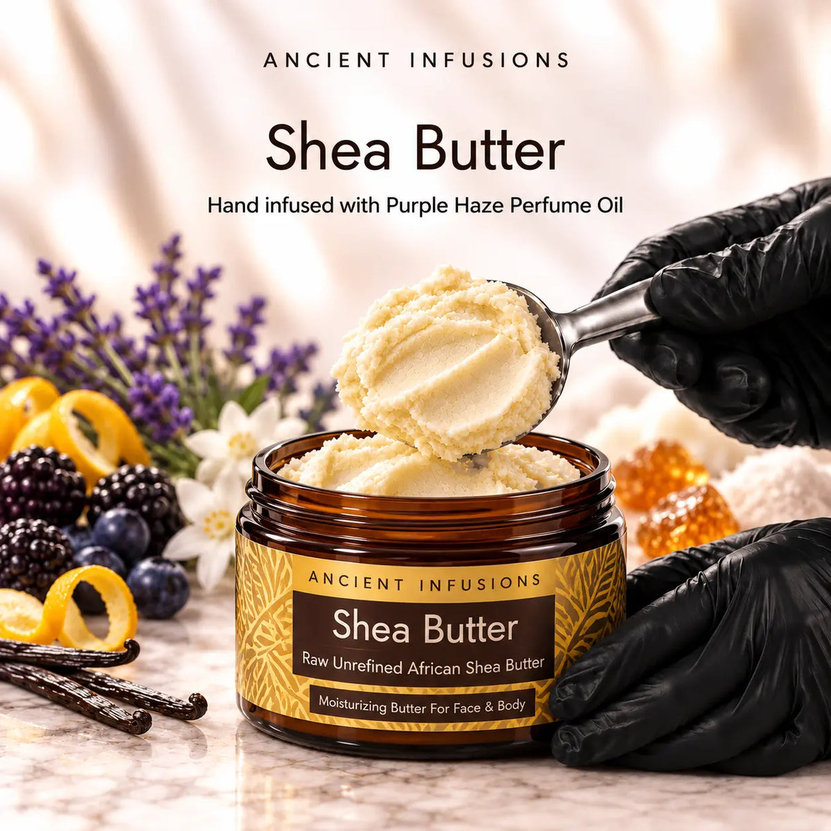 Black vinyl-gloved hands scoop raw shea butter hand infused with Purple Haze perfume oil.