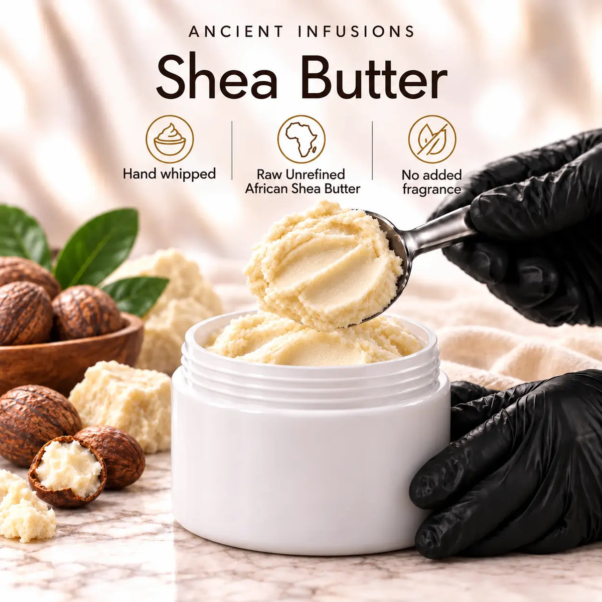 Black vinyl-gloved hands scoop hand-whipped raw unrefined African shea butter from a plain white jar with no added fragrance.