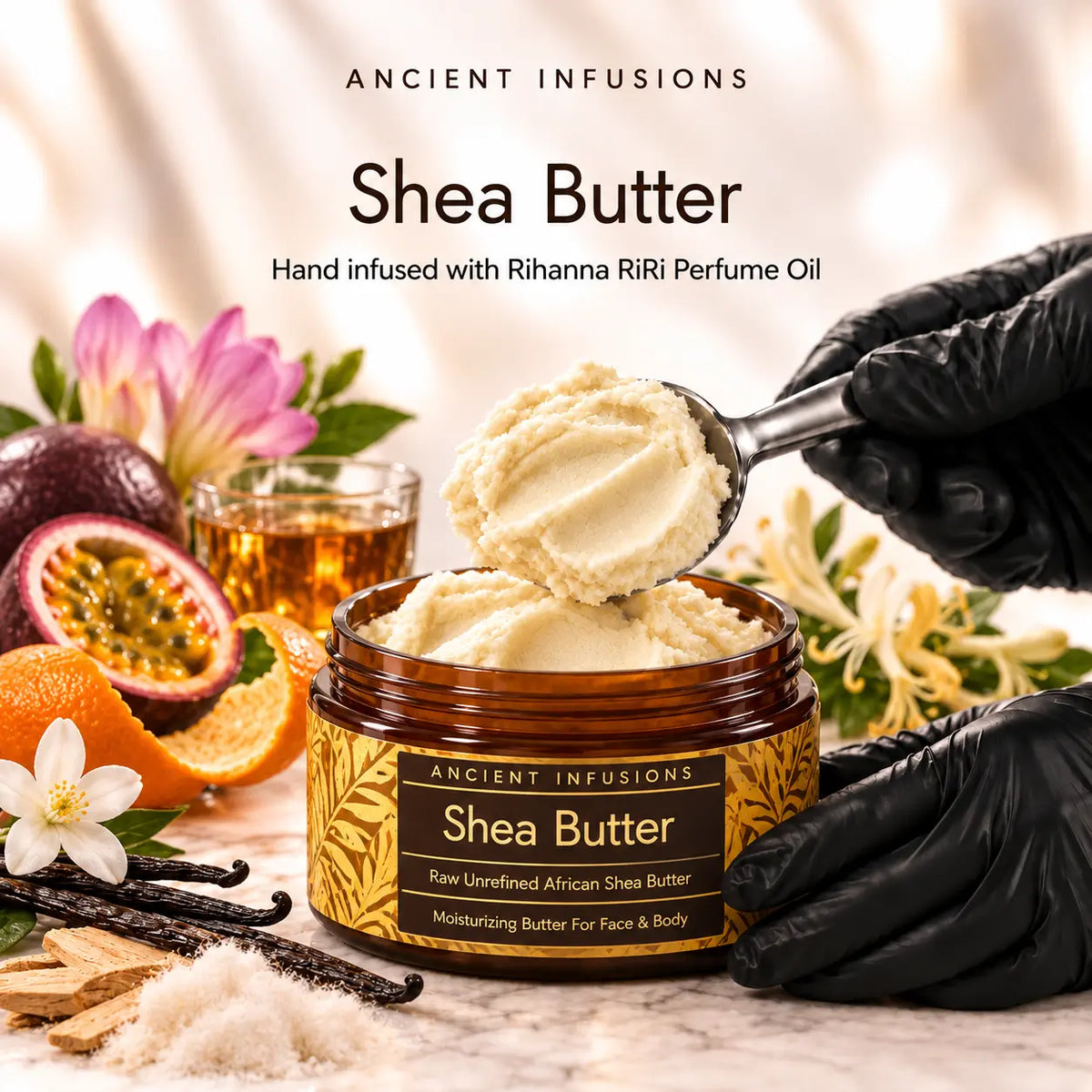 Black vinyl-gloved hands scoop raw shea butter hand infused with Rihanna RiRi perfume oil.