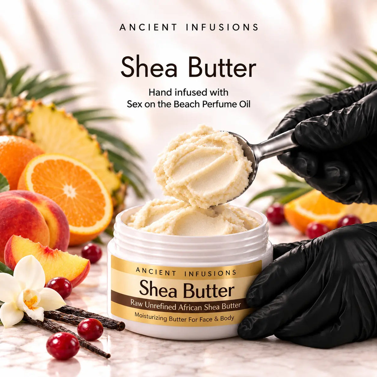 Black vinyl-gloved hands scoop raw shea butter hand infused with Sex on the Beach perfume oil.