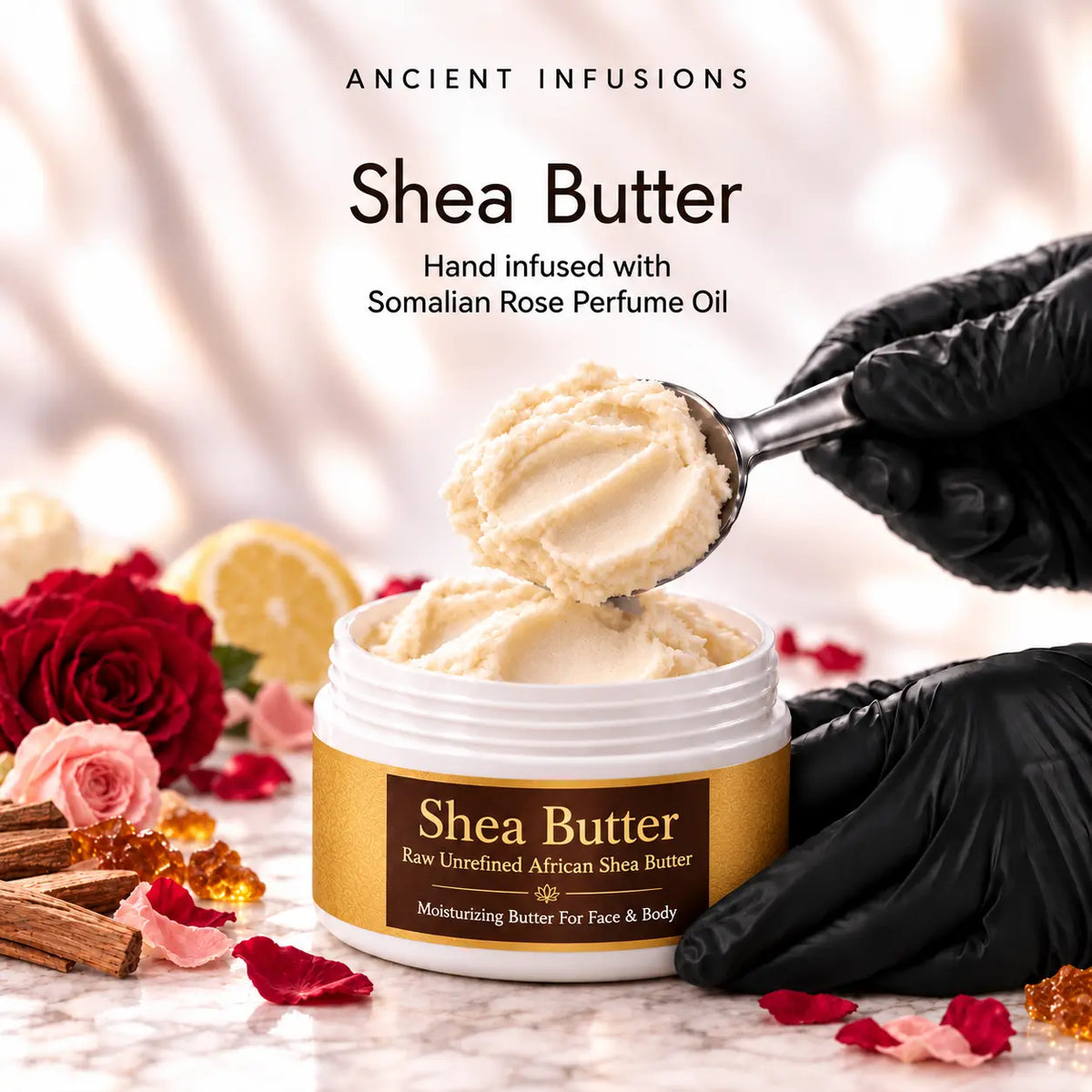 Black vinyl-gloved hands scoop raw shea butter hand infused with Somalian Rose perfume oil.