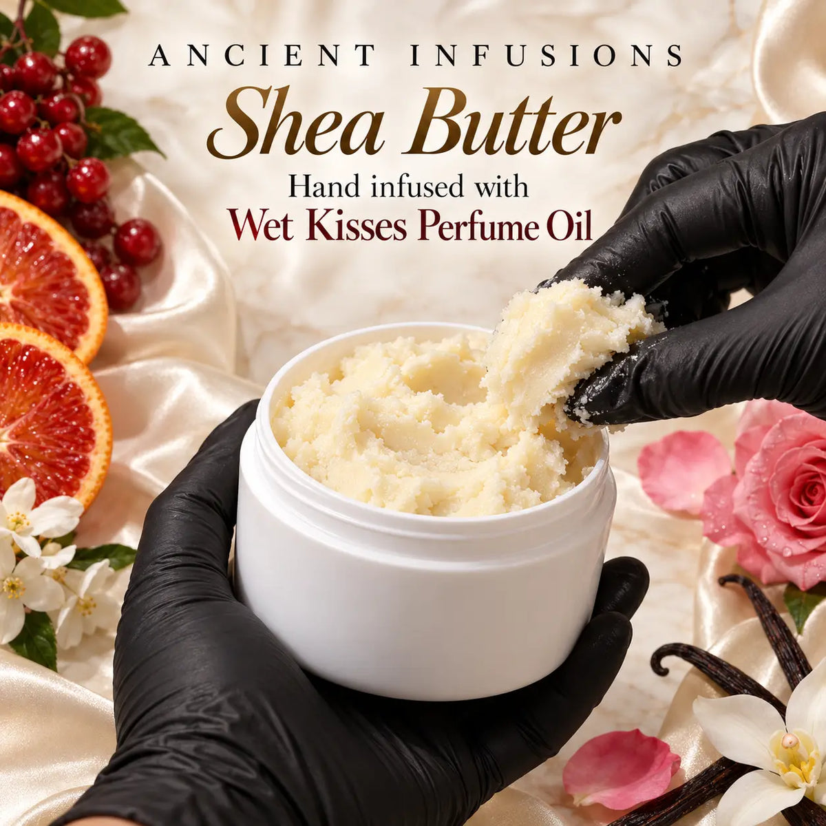 Black nitrile-gloved hands scoop raw shea butter from a plain white jar hand infused with Wet Kisses perfume oil.
