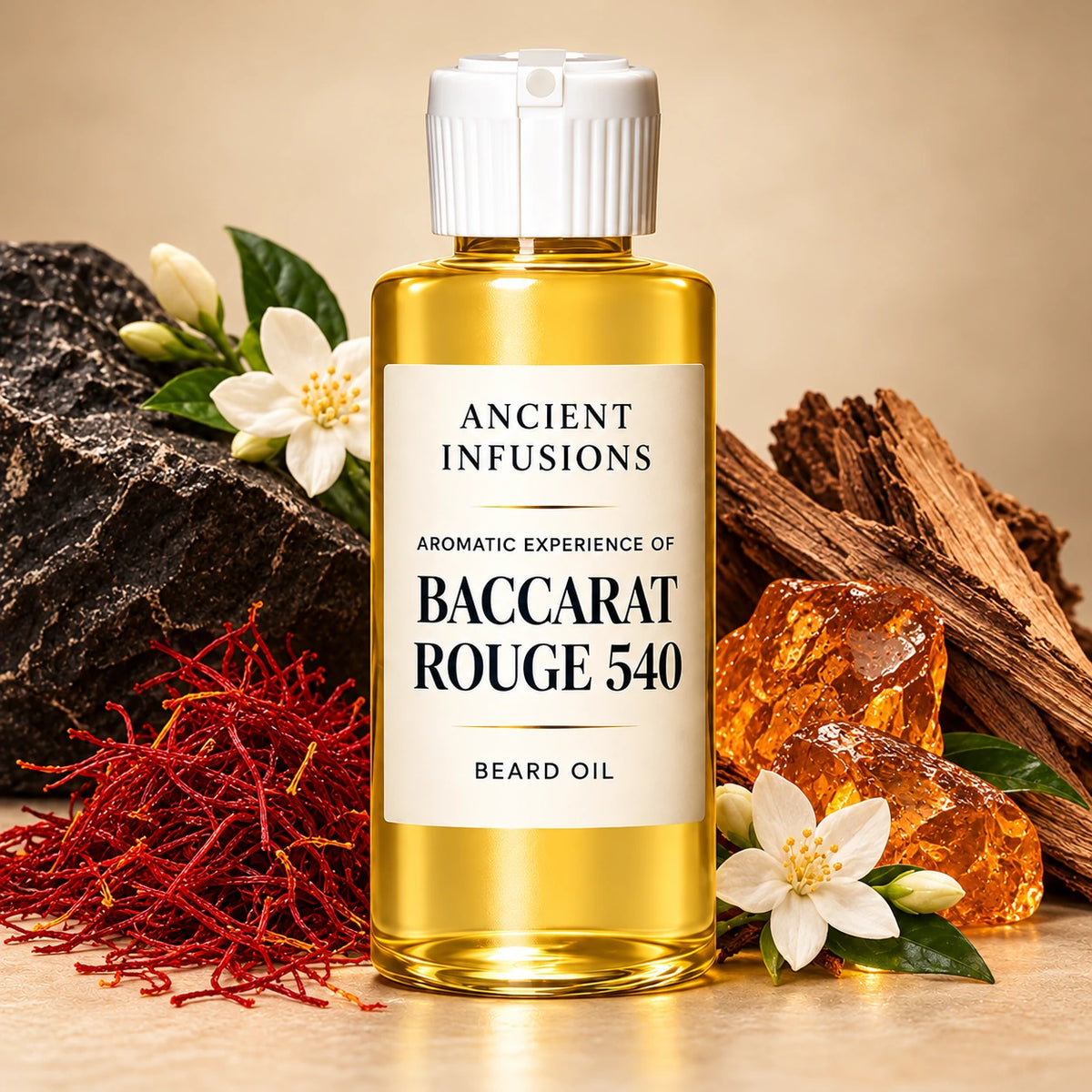 Ancient Infusions Baccarat Rouge 540 beard oil bottle with fragrance note imagery: saffron threads, jasmine blossoms, cedar and amber resin