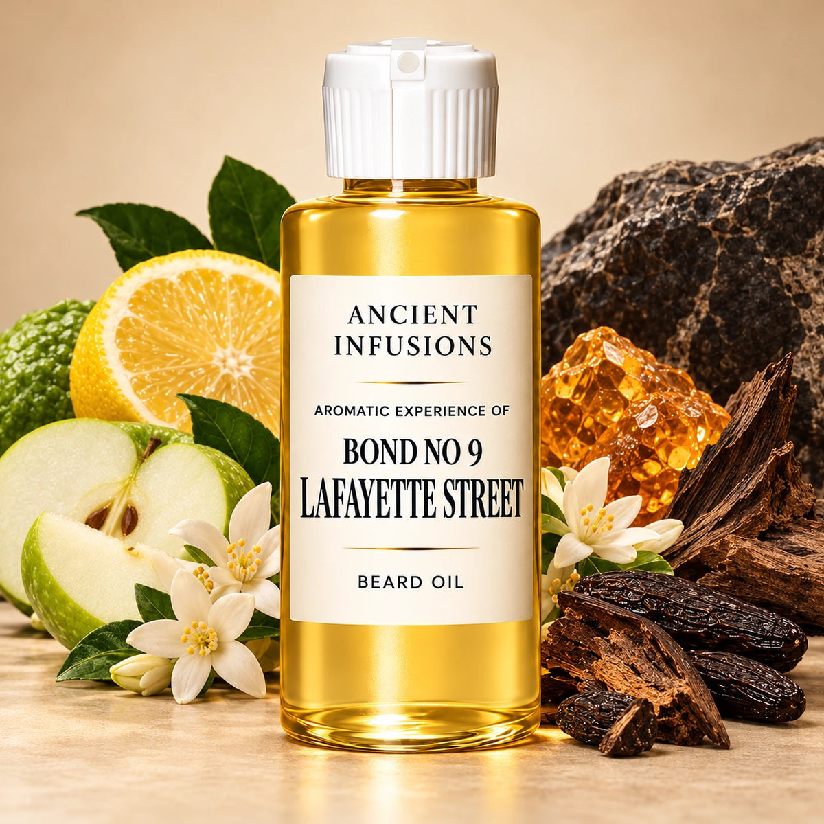 Ancient Infusions Bond No 9 Lafayette Street beard oil bottle with fragrance note imagery: citrus, green apple, subtle pale flowers, amber resin, tonka and wood