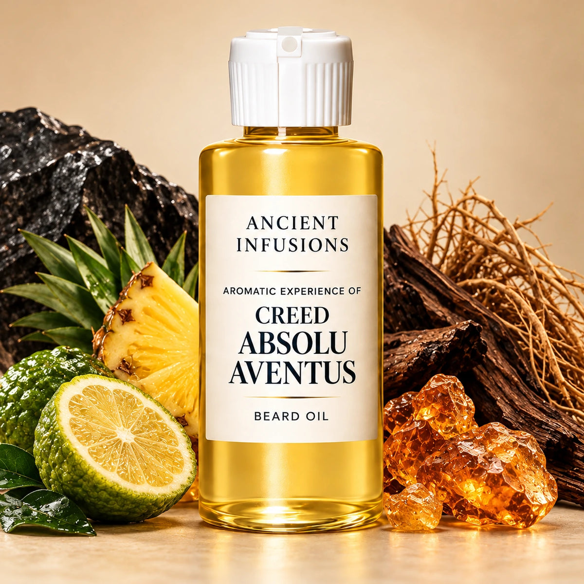 Ancient Infusions Creed Absolu Aventus beard oil bottle with fragrance note imagery: citrus, pineapple, dark smoky woods, vetiver roots, amber resin