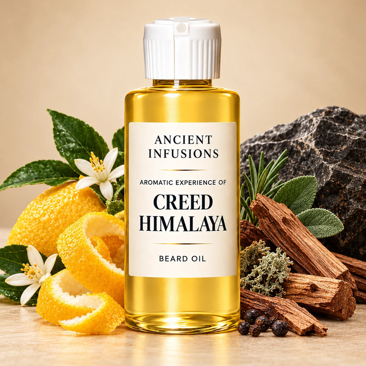 Ancient Infusions Creed Himalaya beard oil bottle with fragrance note imagery: bright citrus peels, smooth woods, restrained fresh aromatic greenery