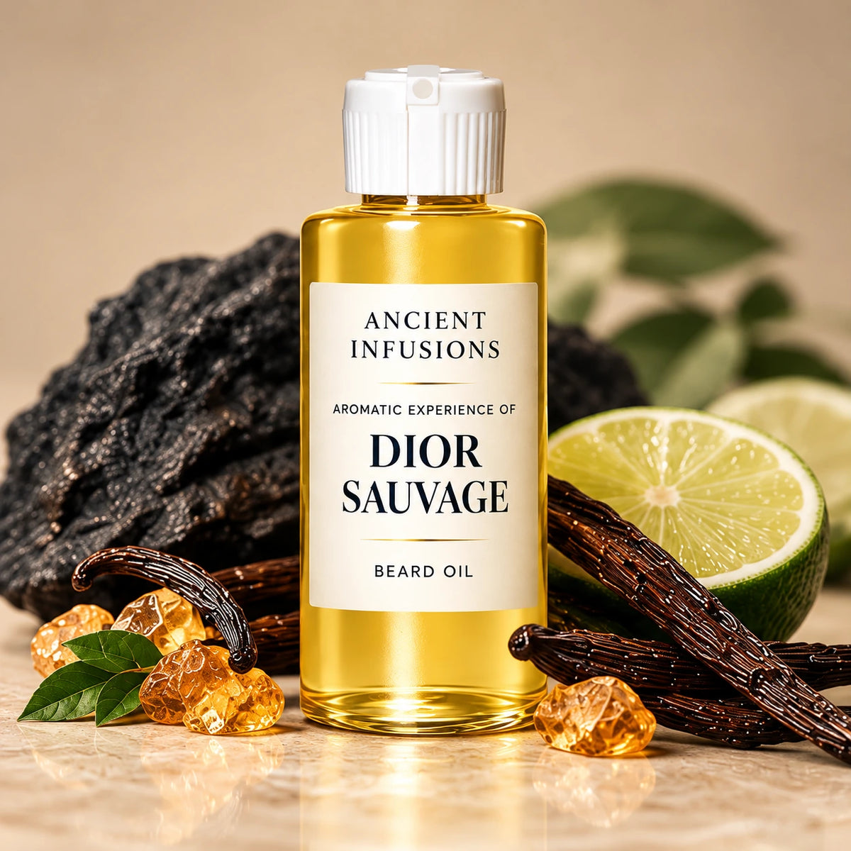 Ancient Infusions Dior Sauvage inspired beard oil bottle styled with citrus and amber scent imagery
