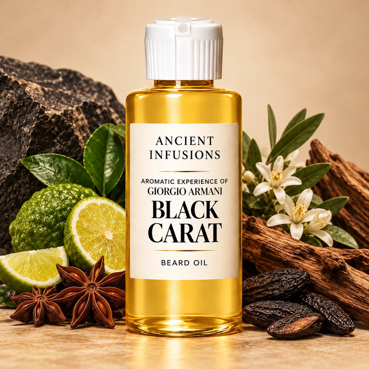 Ancient Infusions Giorgio Armani Black Carat beard oil bottle with fragrance note imagery: bergamot, star anise, white olive blossoms, tonka beans and smooth wood