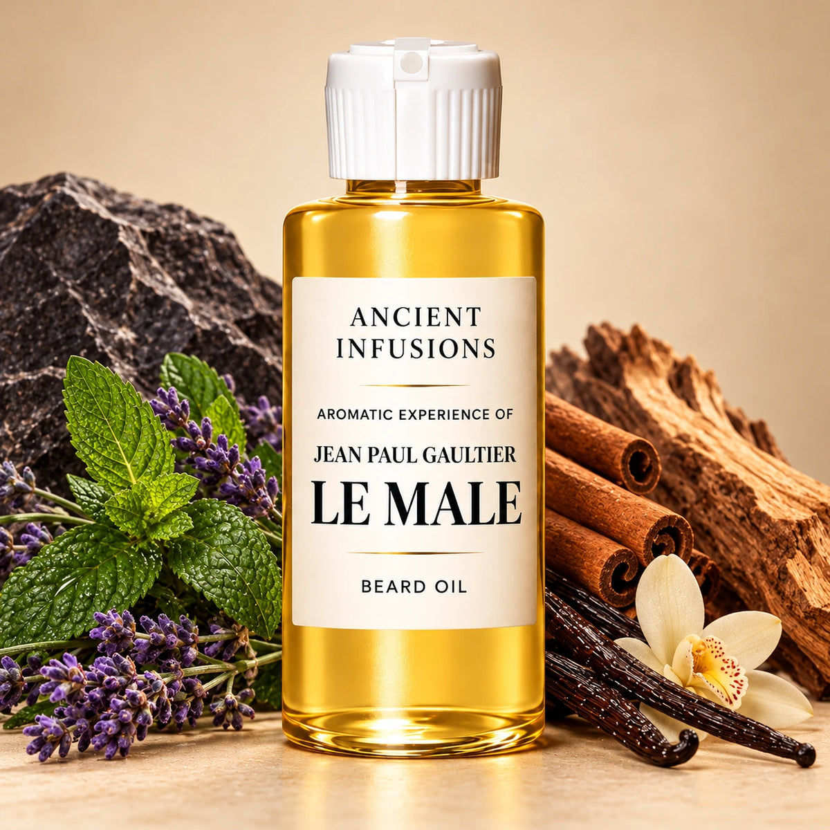 Ancient Infusions Jean Paul Gaultier Le Male beard oil bottle with fragrance note imagery: mint leaves, lavender, cinnamon sticks, vanilla and smooth wood