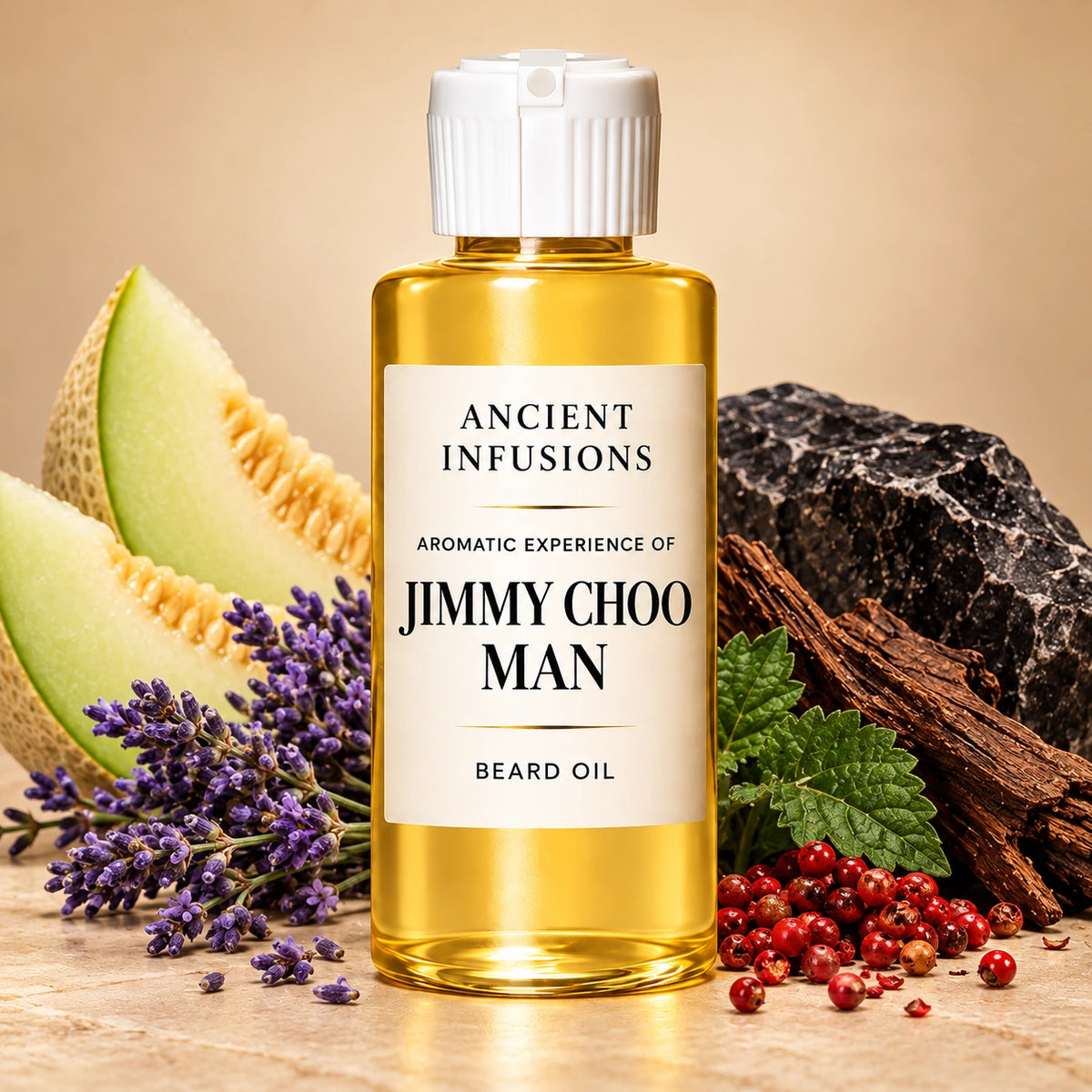 Ancient Infusions Jimmy Choo Man beard oil bottle with fragrance note imagery: lavender, sliced honeydew melon, pink pepper, patchouli and dark wood