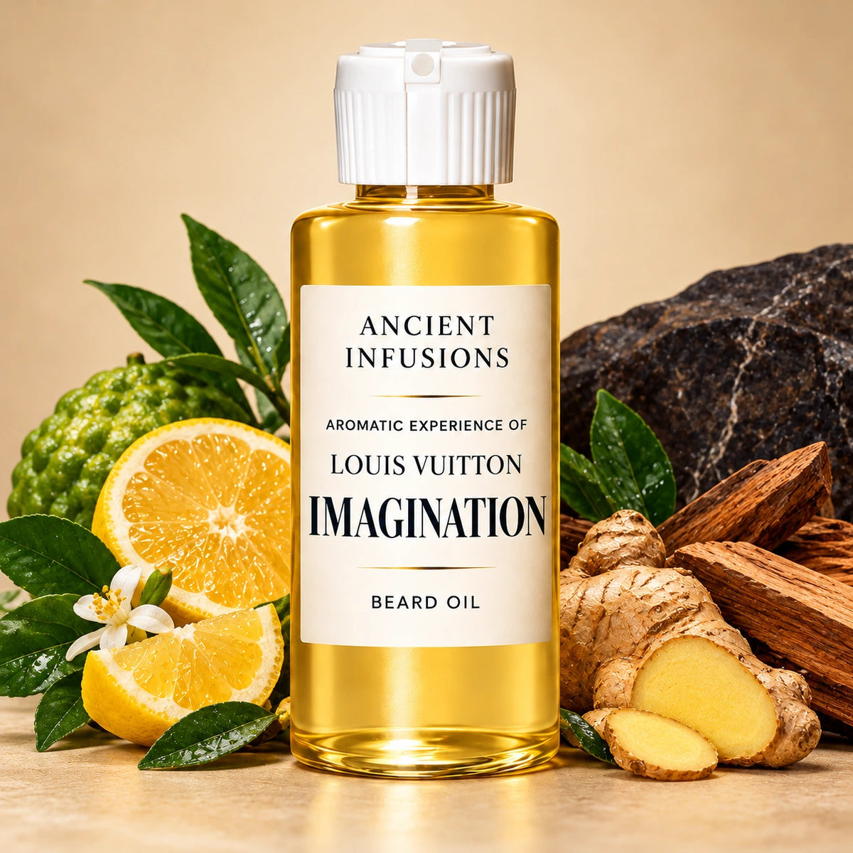 Ancient Infusions Louis Vuitton Imagination beard oil bottle with fragrance note imagery: citrus slices, fresh ginger, subtle aromatic leaves and smooth wood