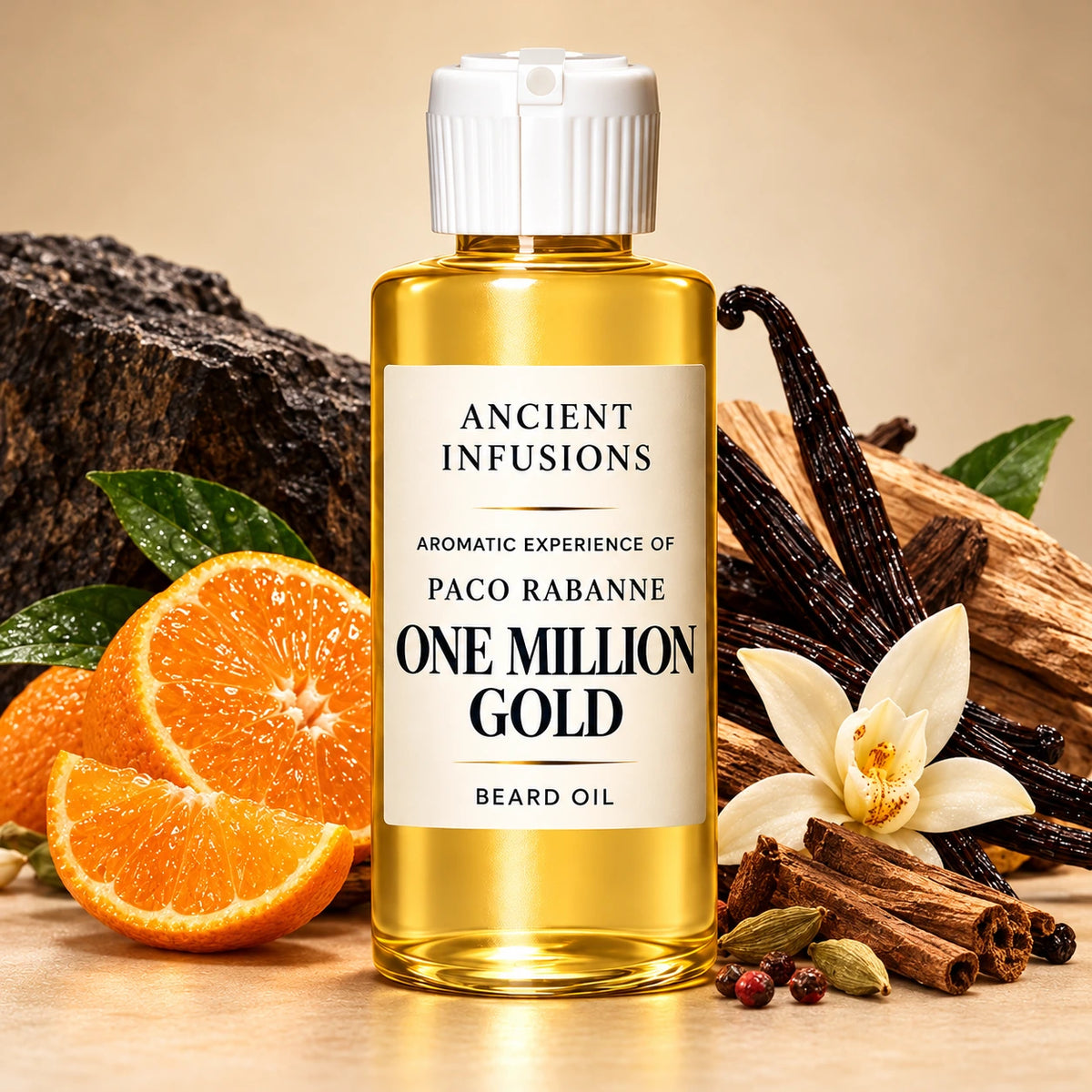 Ancient Infusions Paco Rabanne One Million Gold beard oil bottle with fragrance note imagery: mandarin slices, restrained warm spices, creamy wood and vanilla pods