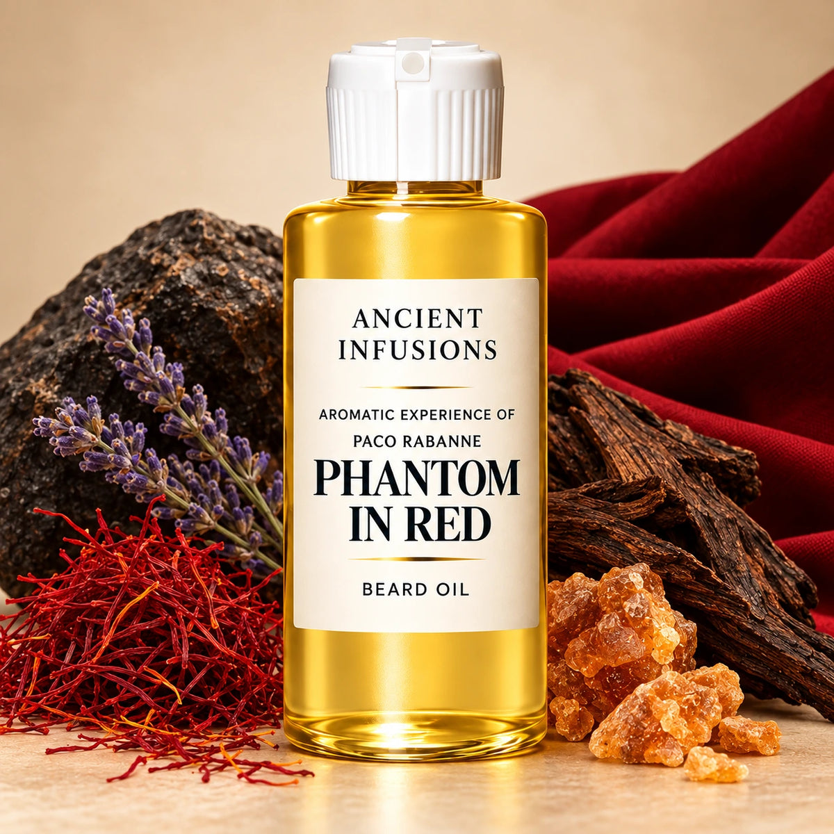 Ancient Infusions Paco Rabanne Phantom In Red beard oil bottle with fragrance note imagery: saffron threads, lavender, smoky benzoin resin, dark woods and a restrained red fabric accent