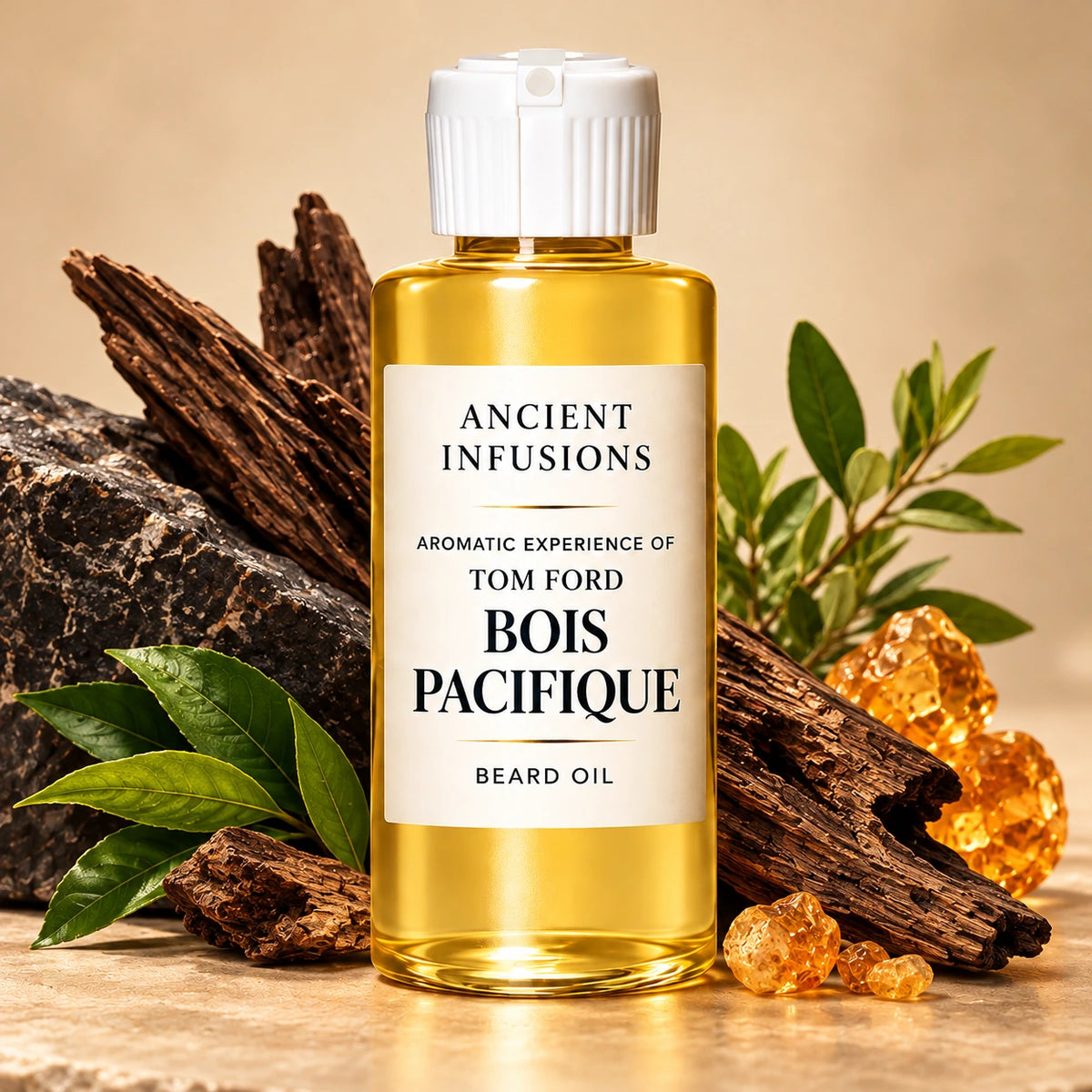 Ancient Infusions Tom Ford Bois Pacifique beard oil bottle with fragrance note imagery: beautiful aromatic wood pieces and understated fresh green botanical accents