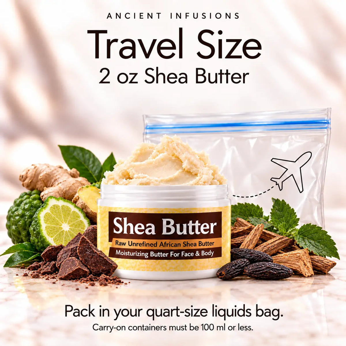 Two-ounce Bad Boy Extreme inspired shea butter with quart-size liquids bag and carry-on packing guidance.