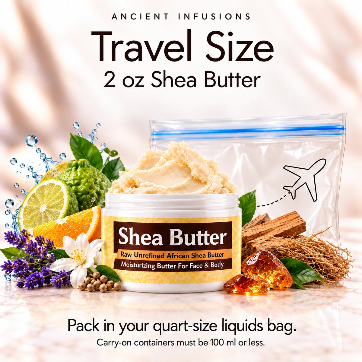 Two-ounce Barack Obama shea butter with quart-size liquids bag and carry-on packing guidance.