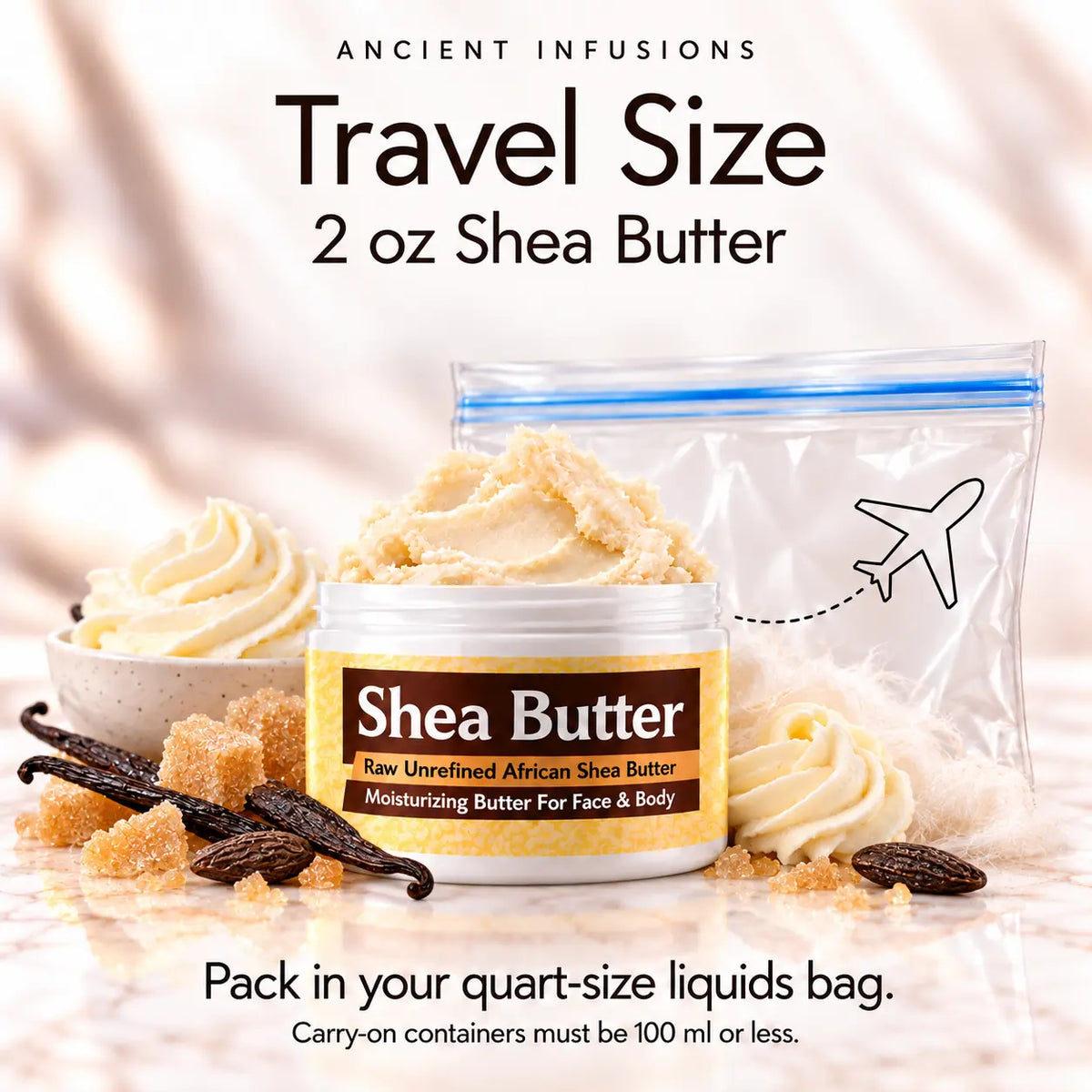 Two-ounce Butter Cream shea butter with quart-size liquids bag and carry-on packing guidance.