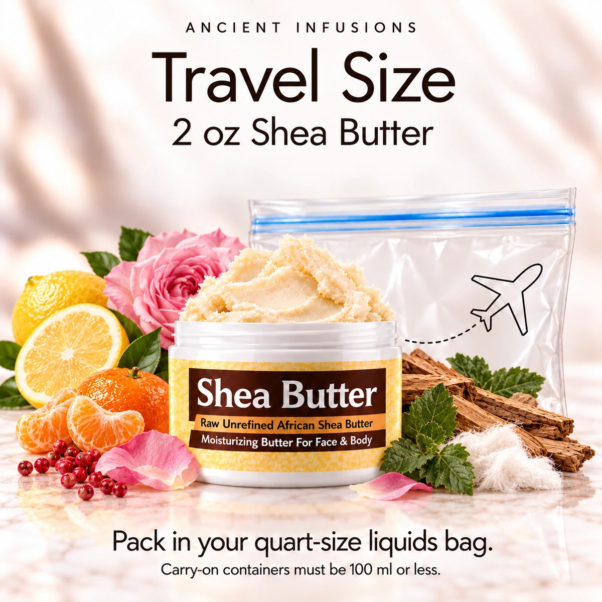Two-ounce Chanel Paris-Paris inspired shea butter with quart-size liquids bag and carry-on packing guidance.