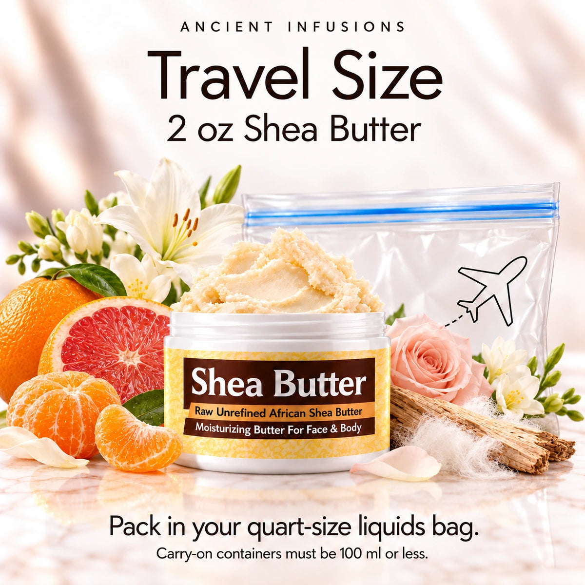 Two-ounce Clinique Happy inspired shea butter with quart-size liquids bag and carry-on packing guidance.