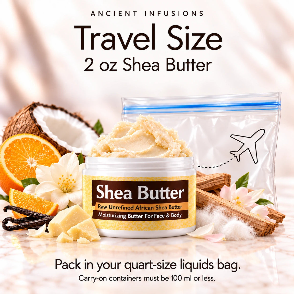 Two-ounce Cocoa Butter Cashmere shea butter with quart-size liquids bag and carry-on packing guidance.