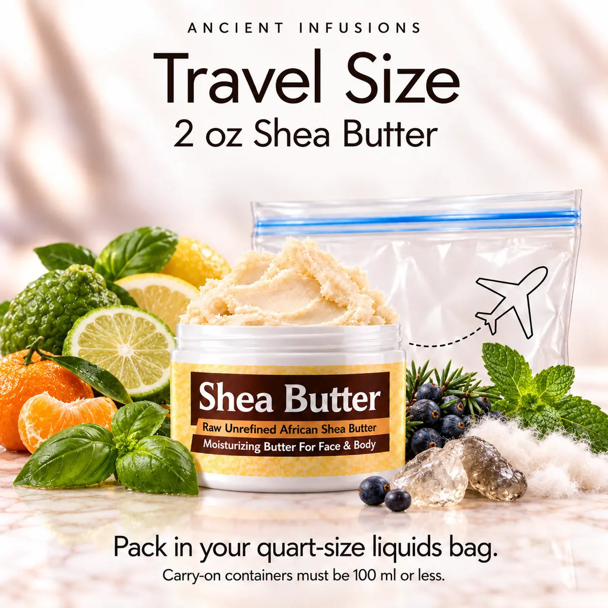 Two-ounce Creed Royal Water inspired shea butter with quart-size liquids bag and carry-on packing guidance.
